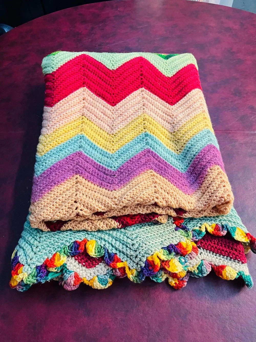 Vintage Crochet Chevron Afghan Throw Blanket Pastel Ripple 76”x38”